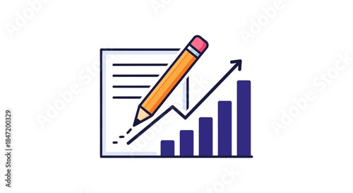 business analytics report icon with pencil drawing rising growth chart and bar graph illustrating data analysis and financial performance