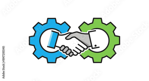 business partnership handshake between blue and green gears symbolizing collaboration teamwork and b2b cooperation in flat vector icon