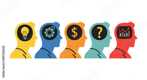 business mindset illustration showing innovation process money decisions and analytics inside human heads for strategy and marketing