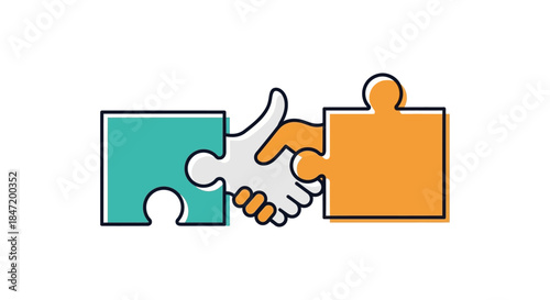 business partnership handshake connecting two puzzle pieces flat vector illustration symbolizing collaboration merger and teamwork