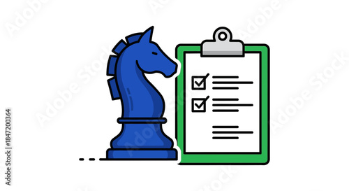 business strategy planning icon with blue chess knight and checklist clipboard flat vector illustration for marketing and project management