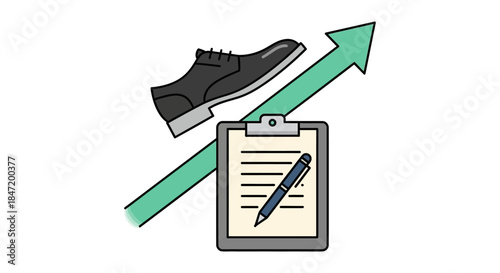career growth concept with business shoe stepping on rising arrow above clipboard and pen symbolizing promotion and performance review