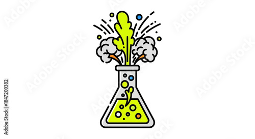 cartoon chemistry experiment with exploding flask and bubbling green liquid playful science illustration for stem education and lab safety