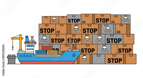 cargo ship held at port with stop marked containers and toxic hazard symbols illustrating customs inspection and trade embargo control