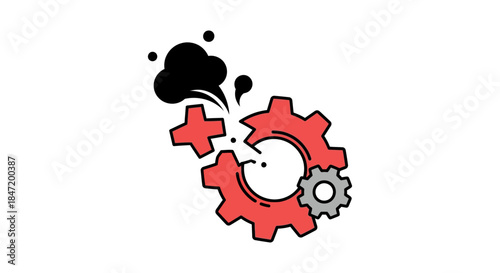 cartoon exploding red gear with smoke and broken cogs flat vector icon on white background for error system failure or downtime alerts
