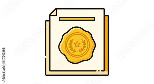 certification badge on official document icon flat line art illustration of award certificate for quality assurance and compliance branding