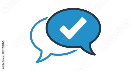 chat approval icon with blue speech bubbles and check mark symbol on white background for messaging apps customer feedback and support