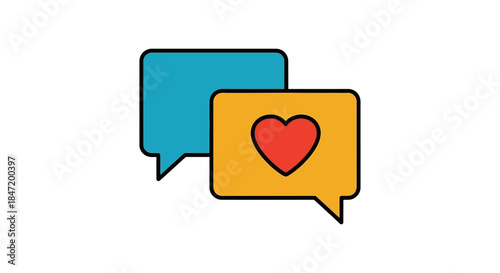 chat message icons with heart symbol in overlapping speech bubbles on white background illustrating online support and social media love