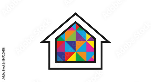 colorful geometric house icon with rainbow mosaic pattern simple line art home logo design for real estate branding and interior decor