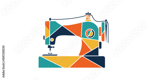colorful geometric sewing machine illustration for handmade crafts quilting business branding and modern textile fashion design