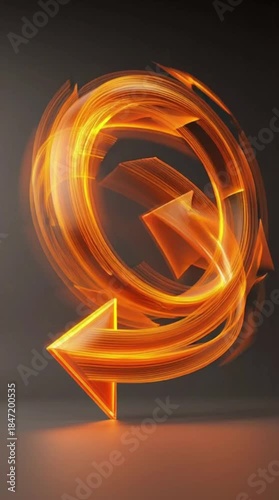 Dynamic orange light trails elegantly swirl into a circular abstract shape, featuring subtle arrow-like elements on a dark background.