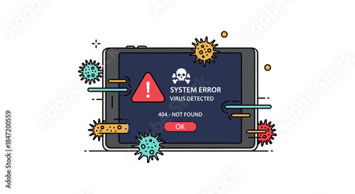computer virus detected system error alert on tablet screen with malware icons and 404 not found message concept for cybersecurity warning