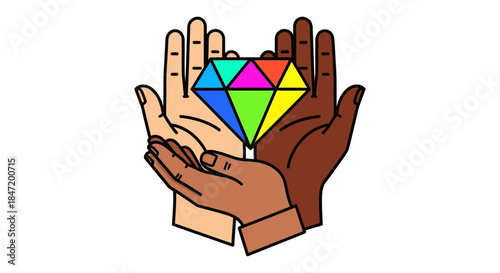 diverse hands holding colorful gem together symbolizing unity inclusion and shared values in teamwork diversity and social equality