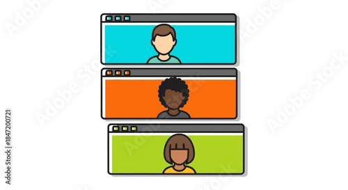 diverse online meeting participants shown as cartoon avatars in stacked browser windows illustrating remote teamwork and virtual communication