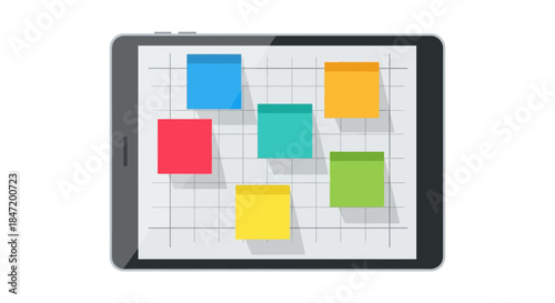 digital kanban board on tablet with colorful sticky notes arranged on grid illustrating agile project management and task planning