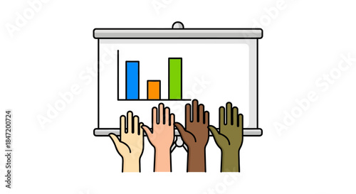 diverse team hands voting in front of bar chart presentation screen illustrating inclusive business analytics and collaborative decision making