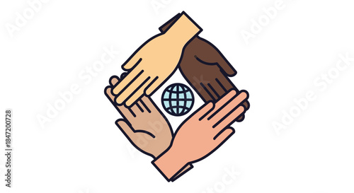 diverse hands united around globe icon flat vector illustration symbolizing global teamwork inclusion social justice and equality