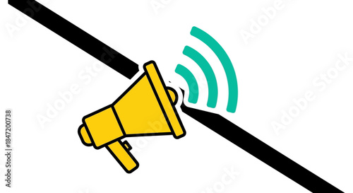 digital marketing announcement icon with yellow megaphone and wifi signal waves on diagonal line concept for online advertising campaigns
