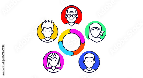 diverse user personas icon set connected by colorful circular diagram illustrating inclusive customer journey mapping and teamwork concepts