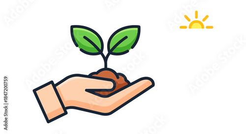 eco friendly hand holding young plant sprout with soil under sunrise line icon symbolizing sustainability growth and green future