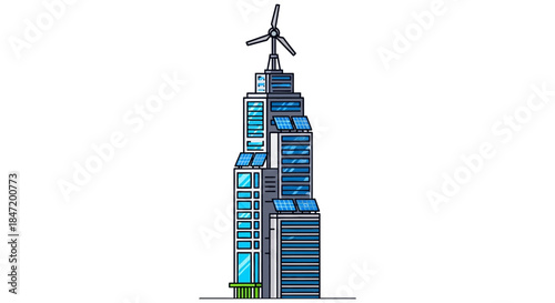 eco friendly smart skyscraper with solar panels and rooftop wind turbine modern green building illustration for sustainable city design