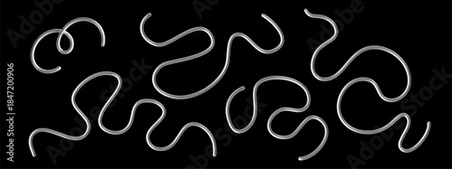 Abstract 3d chrome spiral line. Pattern y2k silver wave shape. Futuristic trend line curve, glossy swirl, black steel ribbon. Vector illustration