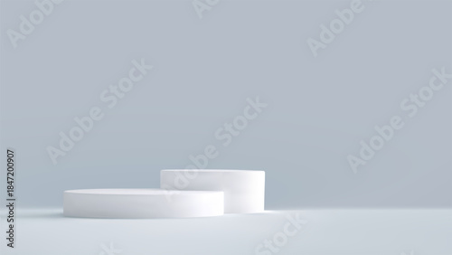 3d white podium limbo background. Abstract empty minimal grey studio space with platform. Mock up for product presentation bg. Vector illustration