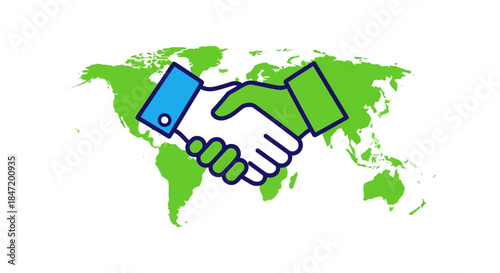 global business handshake partnership icon over world map symbolizing international cooperation trade agreement and cross border deal