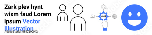 Teamwork, cloud computing, emotion analysis, digital tools, business concepts, communication. Minimalist icons include people, a cloud gear and a happy face. Teamwork and cloud computing concepts