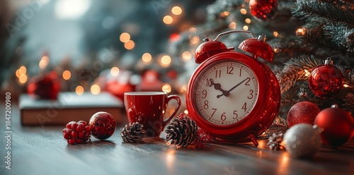 A cozy holiday scene featuring a red alarm clock, mug, pinecones, and Christmas ornaments beside a decorated tree with warm bokeh lights.