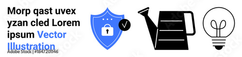 Digital security, sustainability, innovation, online safety, creative thinking, gardening. Blue shield with lock icon, watering can and light bulb. Digital security and sustainability concept
