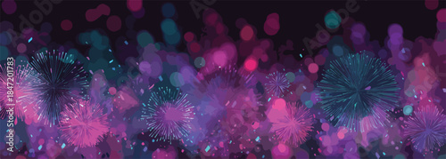 밤하늘을 수놓는 화려한 보라색과 청록색 불꽃놀이의 아름다운 추상적인 배경