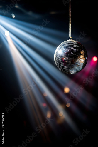 A hanging mirrored disco ball reflecting bright white light beams and colorful spotlights in a dark nightclub setting, creating a dynamic party atmosphere.