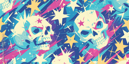 화려하고 추상적인 배경에 별과 해골이 있는 벡터 아트워크