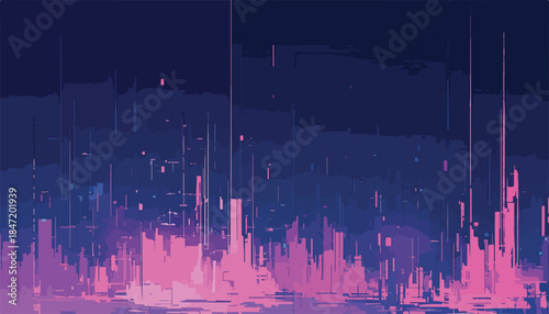 추상적인 도시 풍경의 벡터 아트, 네온 핑크와 보라색 조명이 빛나는 밤 풍경