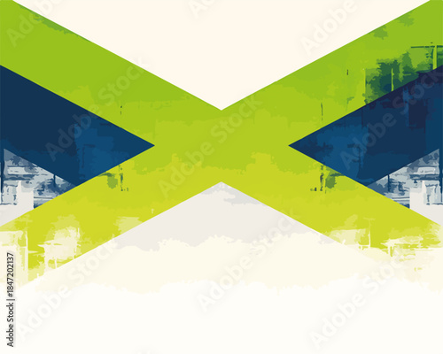 녹색과 파란색의 추상적인 기하학적 패턴이 흰색 배경에 대비되는 현대적인 디자인