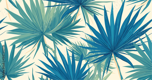 푸른색과 녹색의 야자수 잎 패턴이 반복되는 열대 식물 배경 벡터 이미지