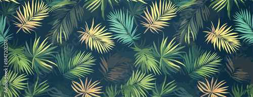 열대 야자수 잎사귀 패턴, 짙은 푸른색 배경에 녹색과 노란색 잎사귀가 멋지게 어우러진 디자인