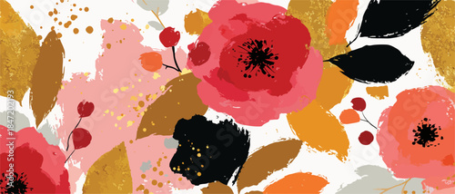 다채로운 꽃과 잎사귀가 어우러진 추상적인 패턴 디자인, 금색 액센트와 붓 터치 질감