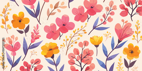 다채로운 봄꽃 패턴 디자인, 핑크색과 노란색 꽃들이 배경에 그려져 있습니다.