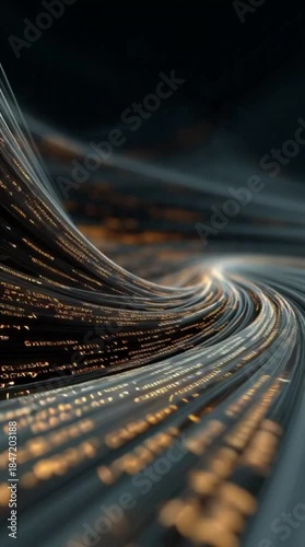 An abstract, glowing stream of data lines and particles moving rapidly in a curved, futuristic trajectory through darkness.