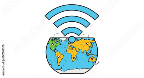 global wifi network coverage icon showing connected world map and wireless signal illustrating worldwide internet connection concept