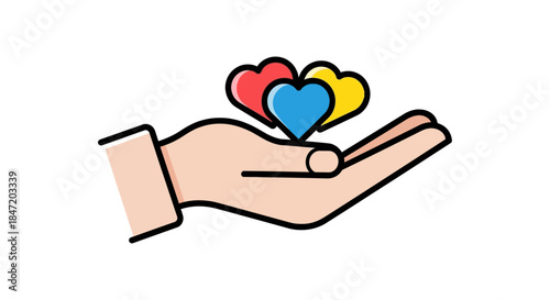 hand holding colorful hearts icon symbolizing charity support kindness and volunteer giving ideal for nonprofit donation campaigns