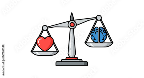 heart versus brain on scales of justice emotional intelligence versus logic balance concept illustration for decision making and psychology