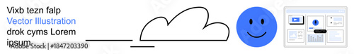 Cloud computing, digital communication, data management, user interface, positivity, technology innovation. Blue smiling face with cloud and digital dashboard. Cloud computing and digital