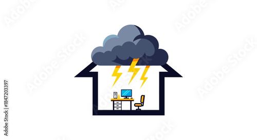 home office burnout concept with storm cloud and lightning over desk and computer illustrating remote work stress and mental fatigue