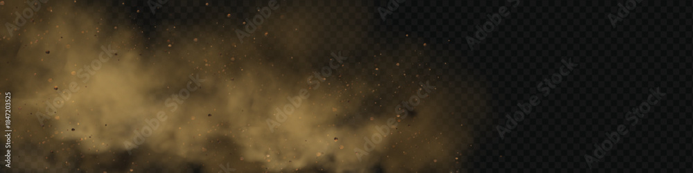 Obraz premium Realistic vector background of sandy smoke clouds and fine dust particles swirling in a desert storm. Brown dune explosion with yellow flying sand, dirt clusters, and textured wind effect.