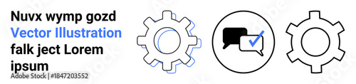 Gear elements with a central speech bubble and check mark highlight teamwork, efficiency, and collaboration. Ideal for teamwork, workflow, communication, process improvement, feedback, business