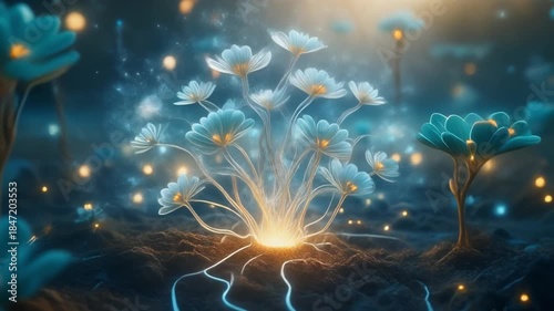 Magical Bioluminescent Blue Flowers Growing with Glowing Roots and Particles