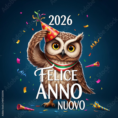 Joyeuse carte de vœux 2026 avec chouette festive, confettis colorés et message Felice Anno Nuovo